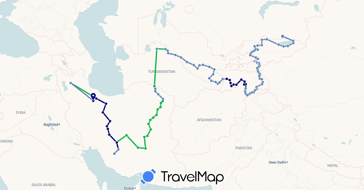 TravelMap itinerary: driving, bus, plane, cycling, hiking in Afghanistan, Iran, Kyrgyzstan, Tajikistan, Turkmenistan, Uzbekistan (Asia)
