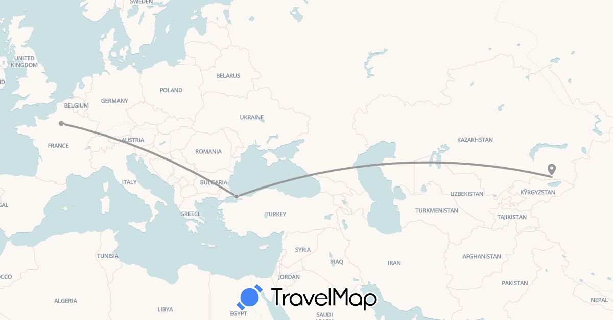 TravelMap itinerary: driving, plane in France, Kazakhstan, Turkey (Asia, Europe)